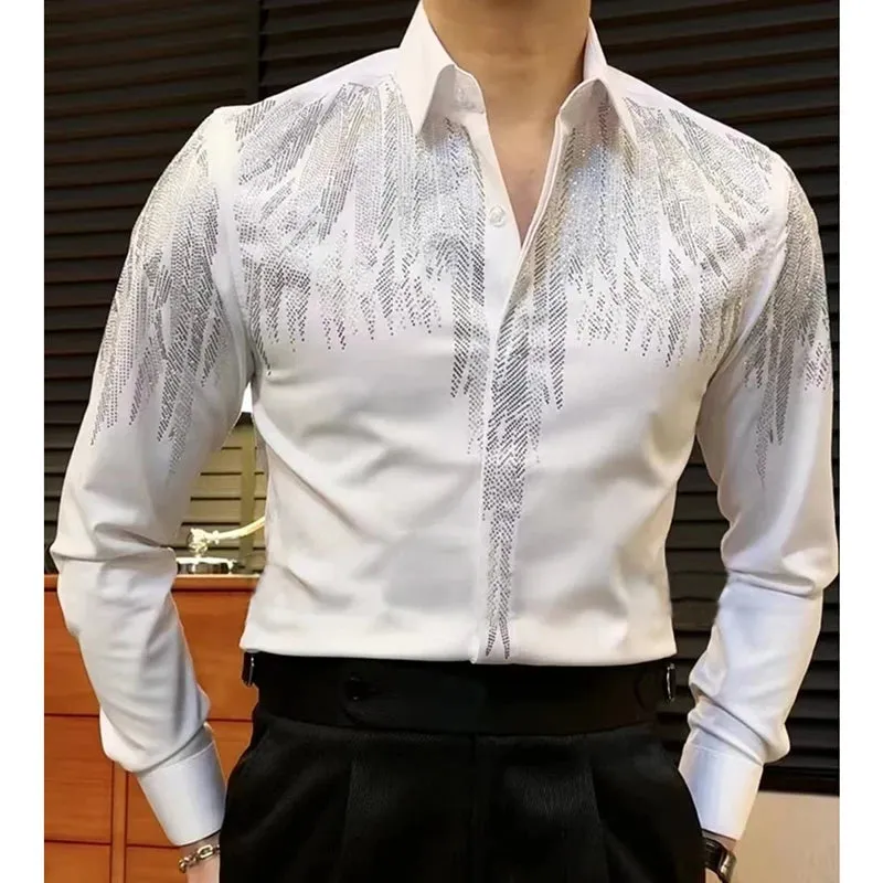 Aidase High Quality Long Sleeved Shirt Spring Hot Diamond Shirt For Men Casual Slim Fit Shirt Luxury Social Party Blouse Camisa Hombre