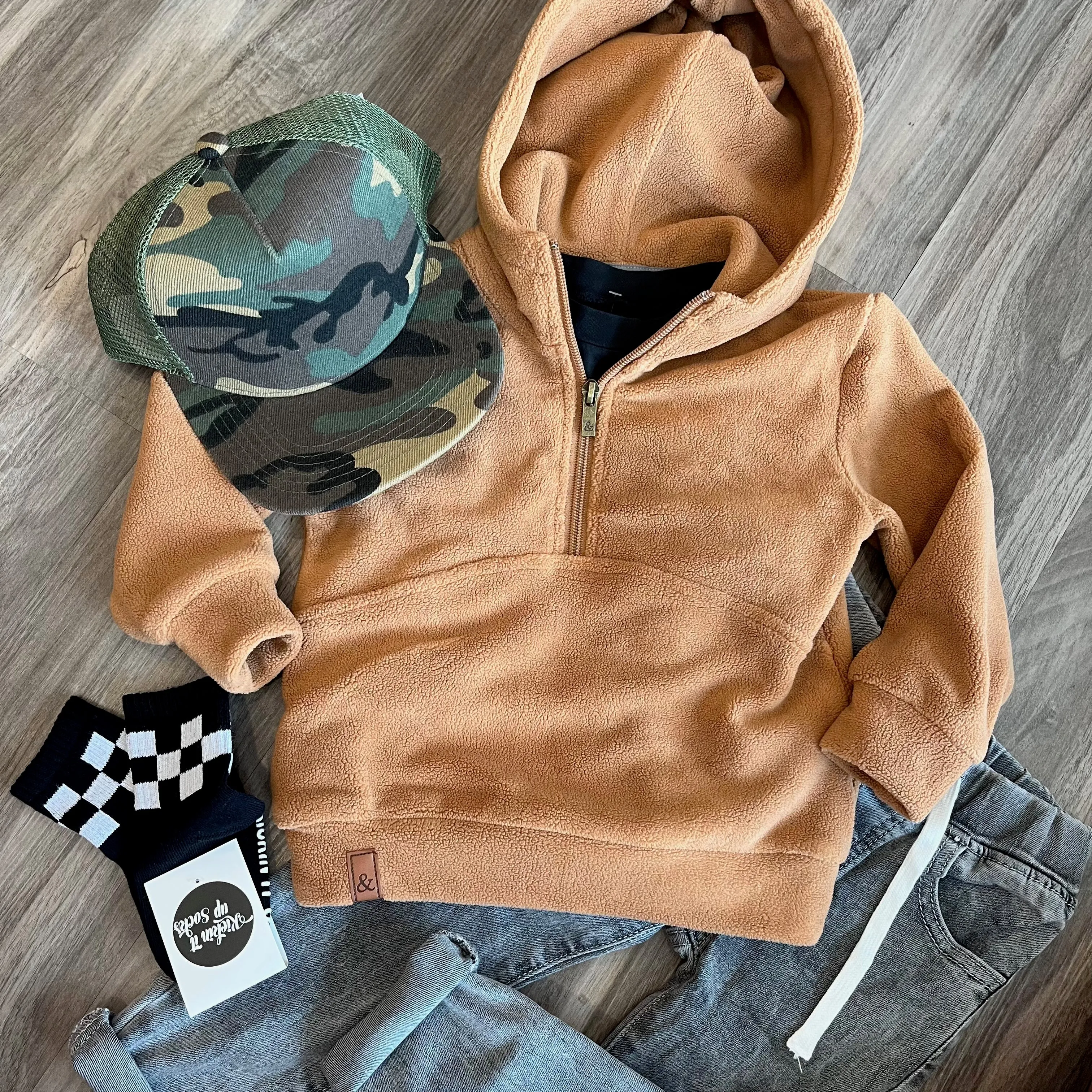 Ampersand Ave - Children's Cozy Half Zip Hoodie in Maple
