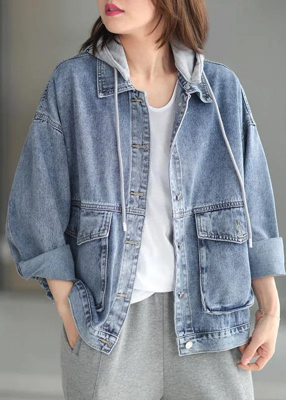 Beautiful Light Denim hooded Pockets Button Fall Long sleeve Coat