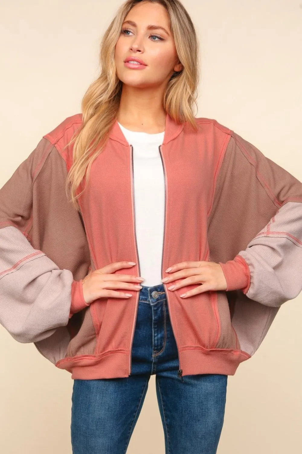 Blue Zone Planet |  Haptics Zip Up Color Block Bomber Jacket with Side Pockets