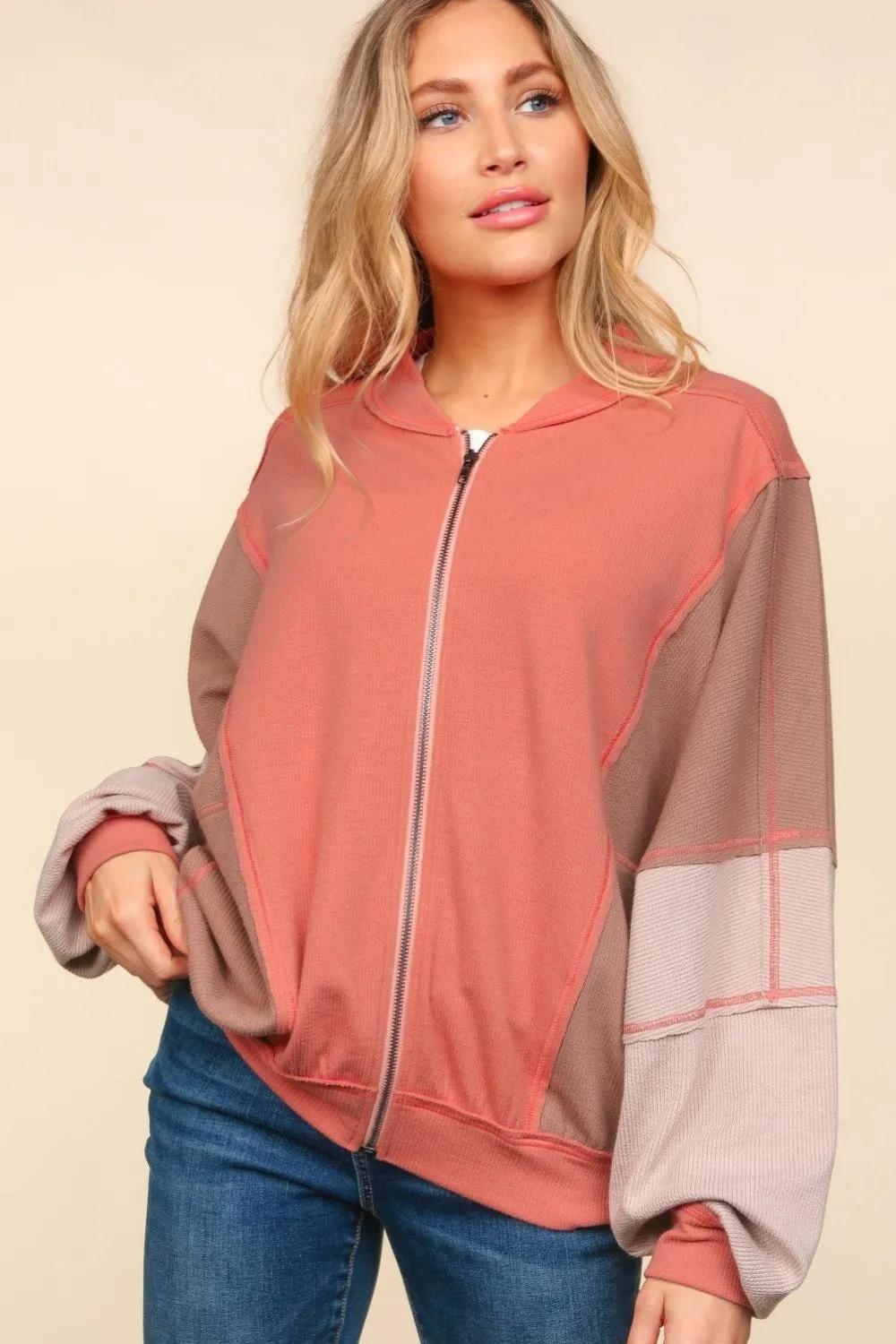 Blue Zone Planet |  Haptics Zip Up Color Block Bomber Jacket with Side Pockets
