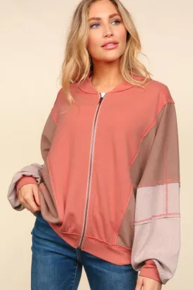 Blue Zone Planet |  Haptics Zip Up Color Block Bomber Jacket with Side Pockets