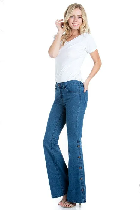 Button Down Bottom Flare Wide Denim Golden Stitch