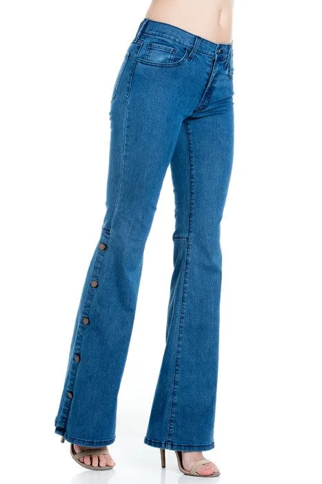Button Down Bottom Flare Wide Denim Golden Stitch