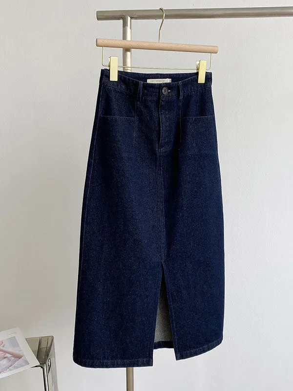 Casual High Waisted Split-Front Denim Skirts