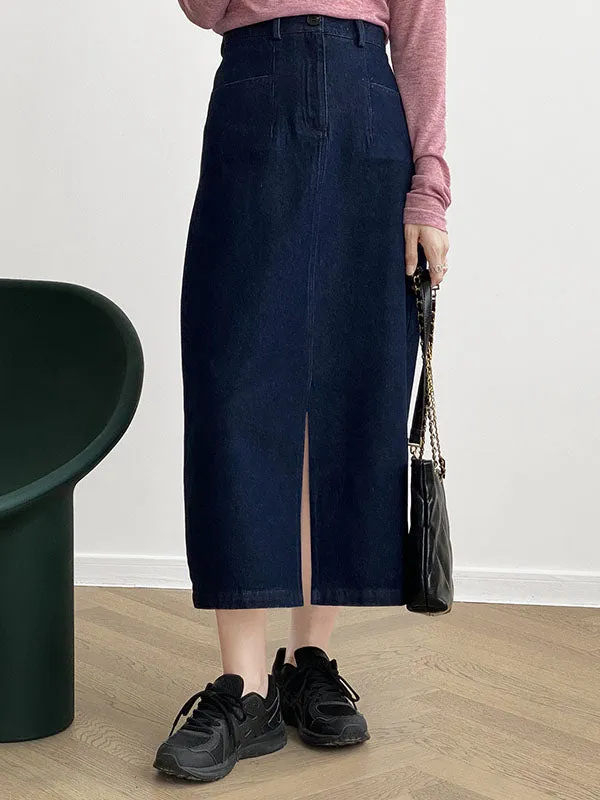 Casual High Waisted Split-Front Denim Skirts