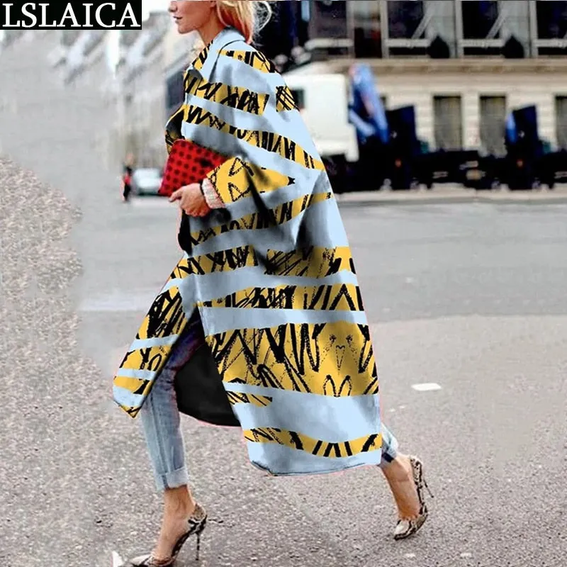 Casual Lapel Trench Coat For Women Autumn Winter Fashion Print Loose Warm Long coat High Street Style Ladies Overcoats