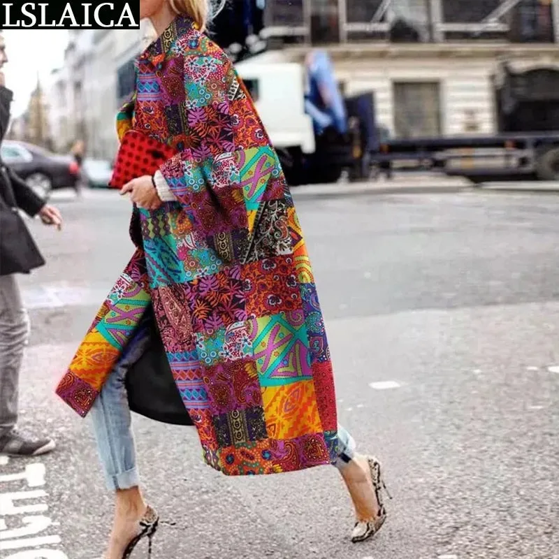 Casual Lapel Trench Coat For Women Autumn Winter Fashion Print Loose Warm Long coat High Street Style Ladies Overcoats