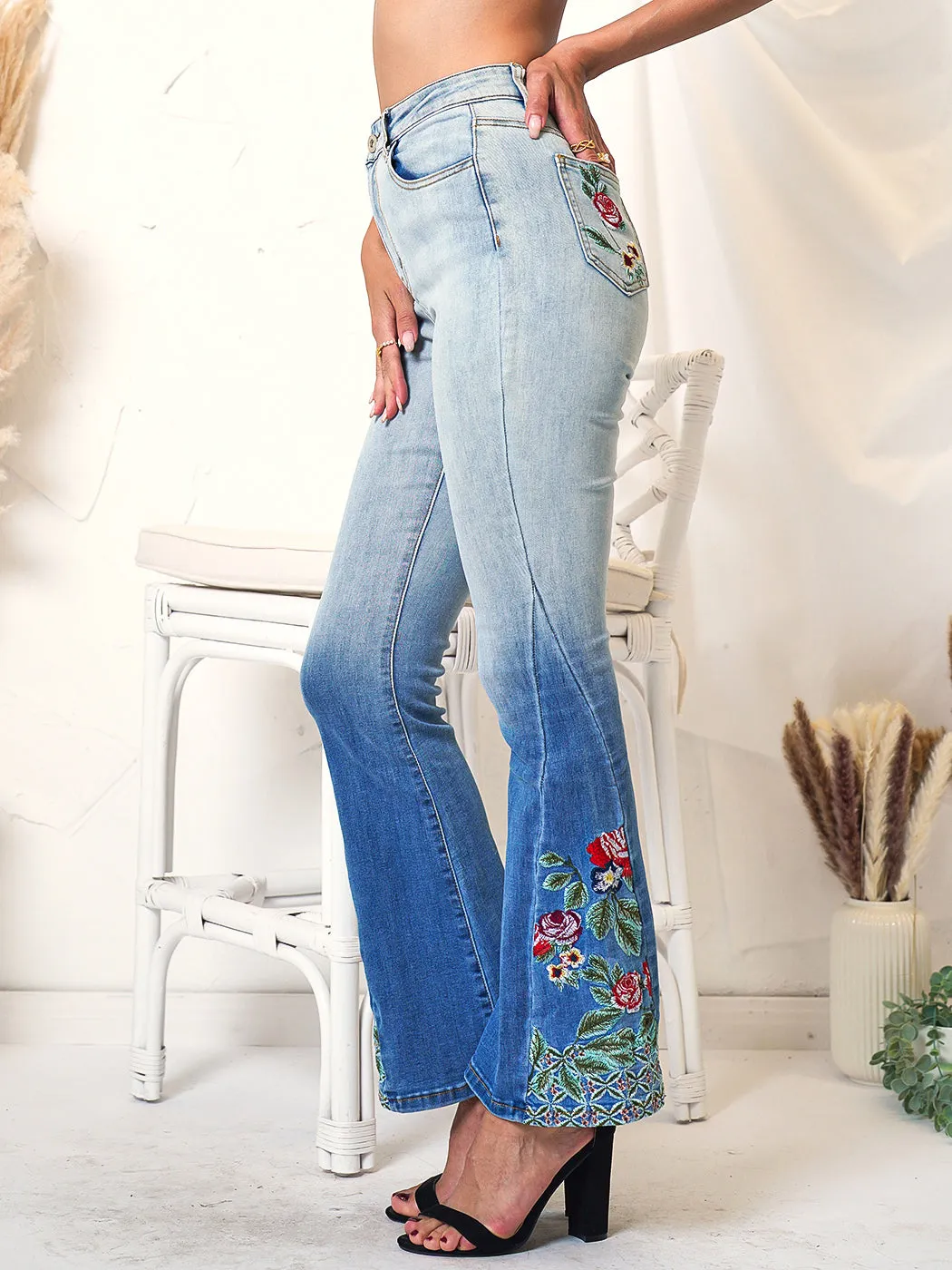 Classic Retro High Waist Long Denim Bell Bottom Jeans by Anna-Kaci