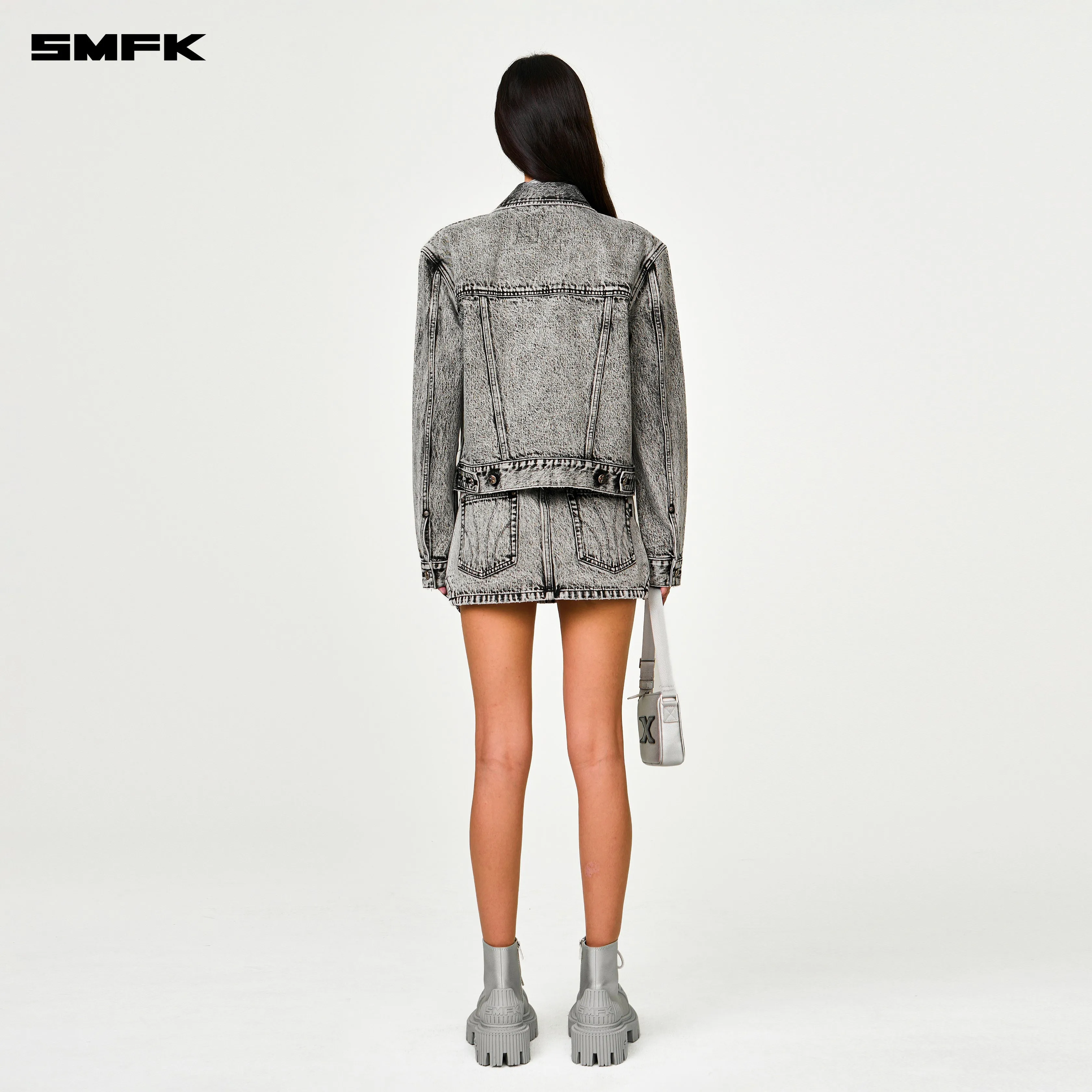 Compass Cross Classic Cut-Off Denim Skirt in Gray