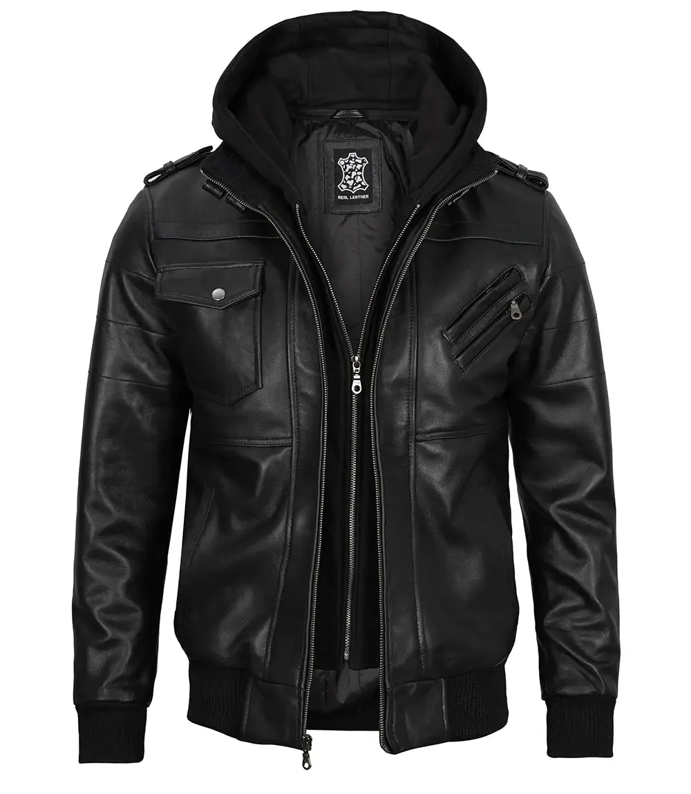 Edinburgh Mens Black Bomber Leather Jacket With Removable Hood