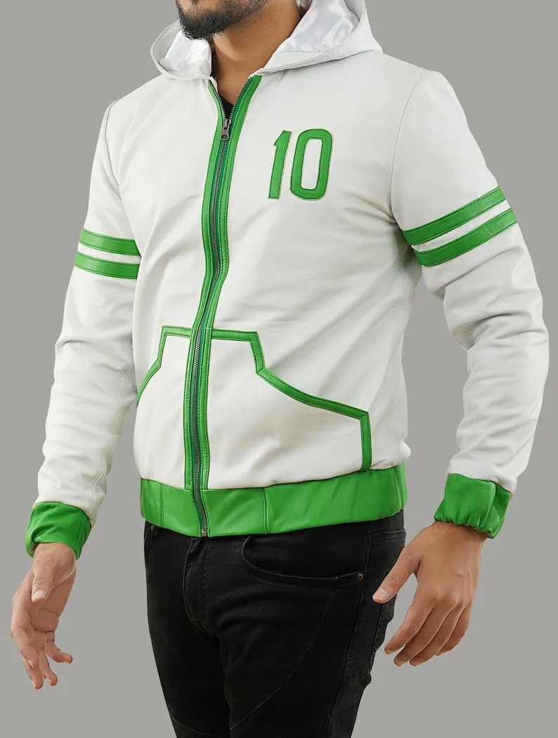 Inspired Ben 10 Omniverse Green and White Hooded Leather Jacket by TJS