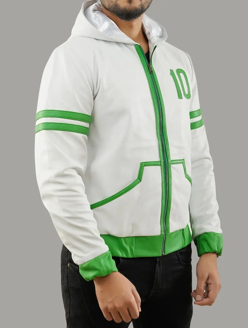 Inspired Ben 10 Omniverse Green and White Hooded Leather Jacket by TJS