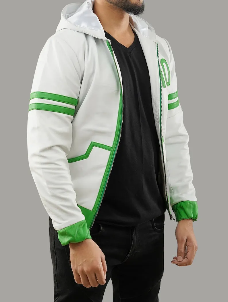 Inspired Ben 10 Omniverse Green and White Hooded Leather Jacket by TJS