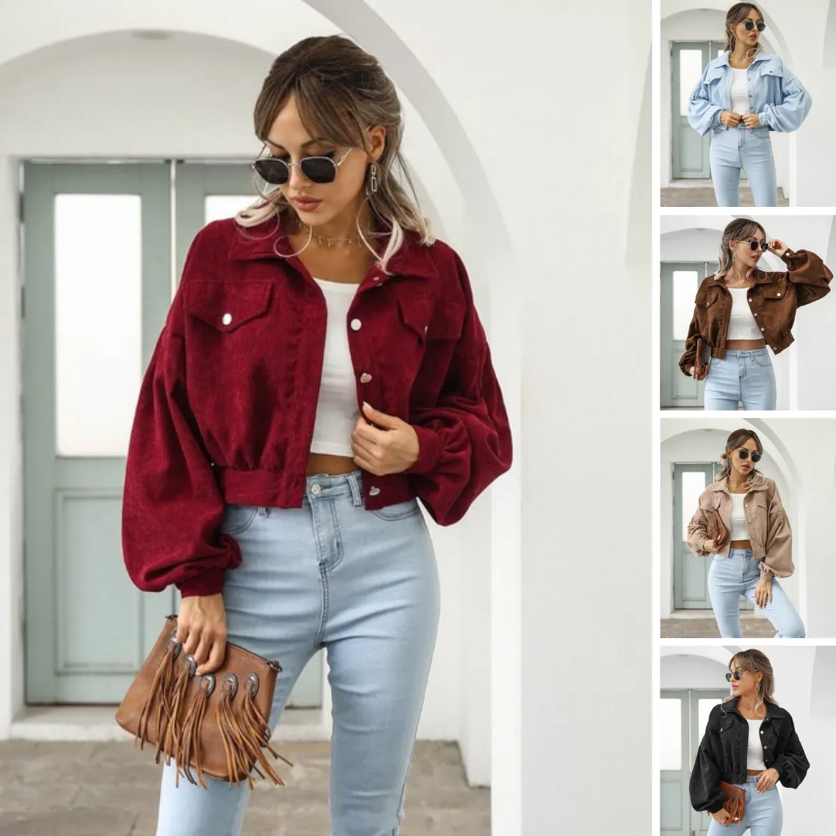 Isabella - modieus cropped jasje van corduroy met lantaarnmouwen