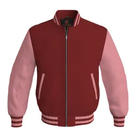 Mens Letterman Jacket Maroon Body and Pink Leather Sleeves Bomber Jacket