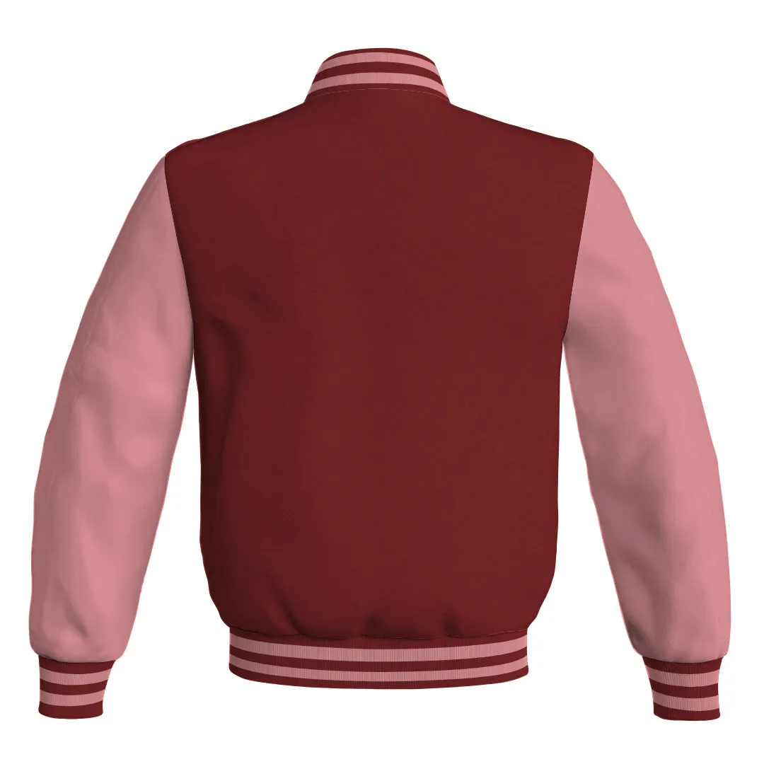 Mens Letterman Jacket Maroon Body and Pink Leather Sleeves Bomber Jacket