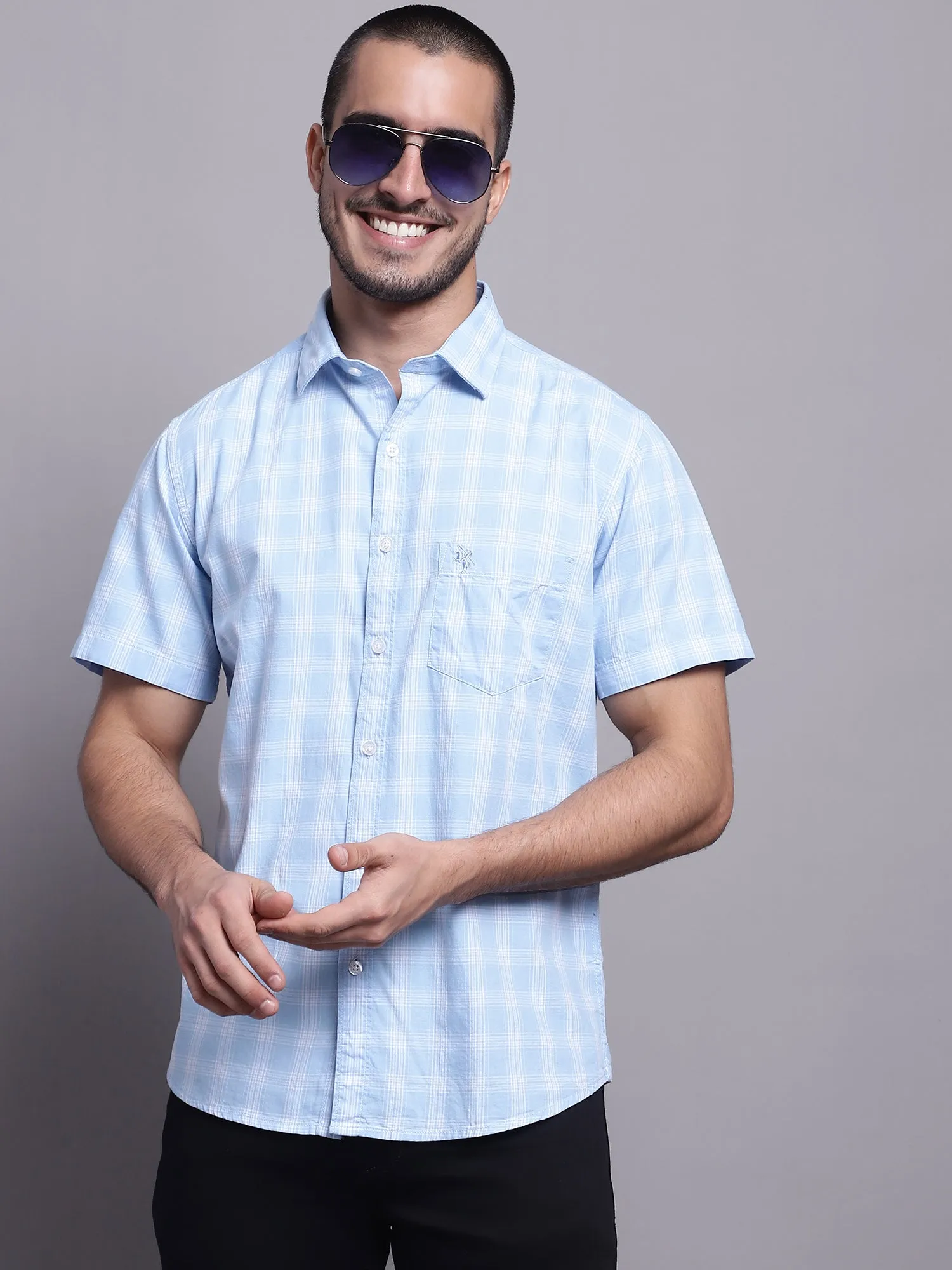 Men's Light Blue Casual Medium Checks Half Sleeve Shirt