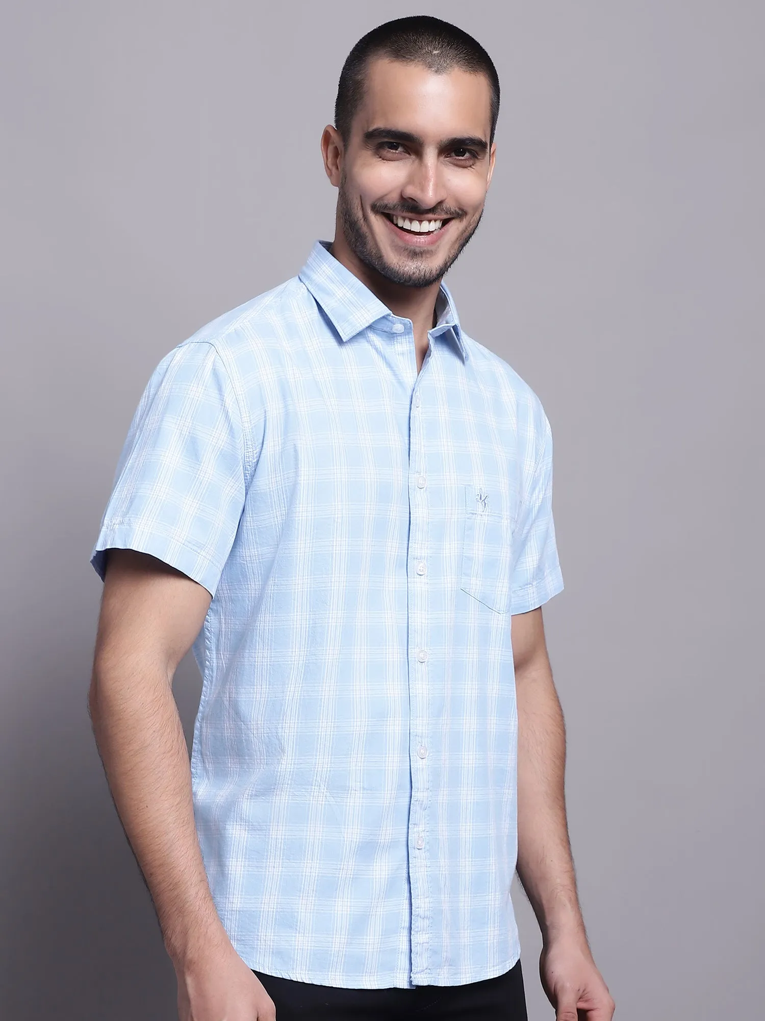 Men's Light Blue Casual Medium Checks Half Sleeve Shirt