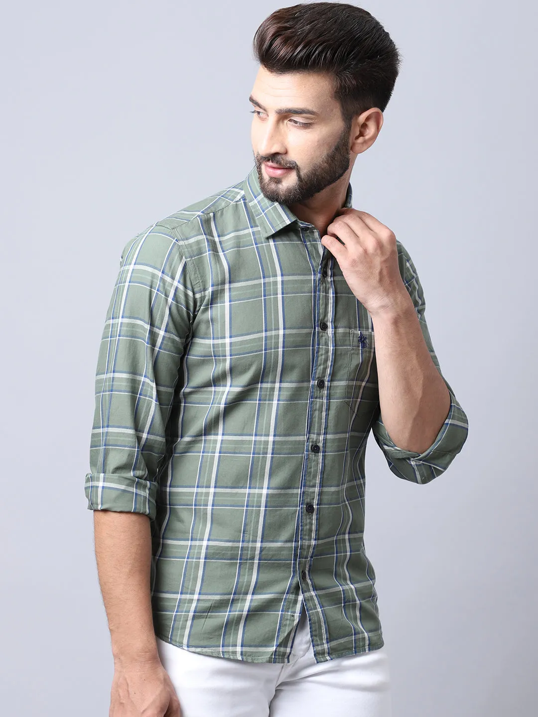 Men's Light Olive Green Casual Medium Checks Full Sleeve Shirt