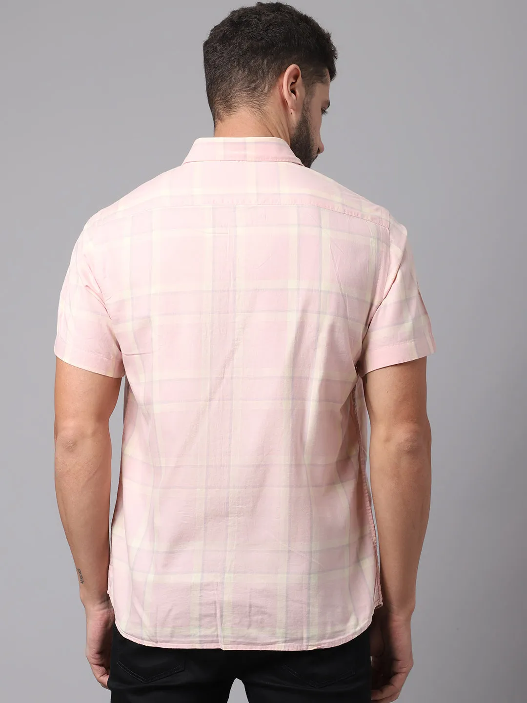 Men's Light Pink Casual Big Checks Half Sleeve Shirt