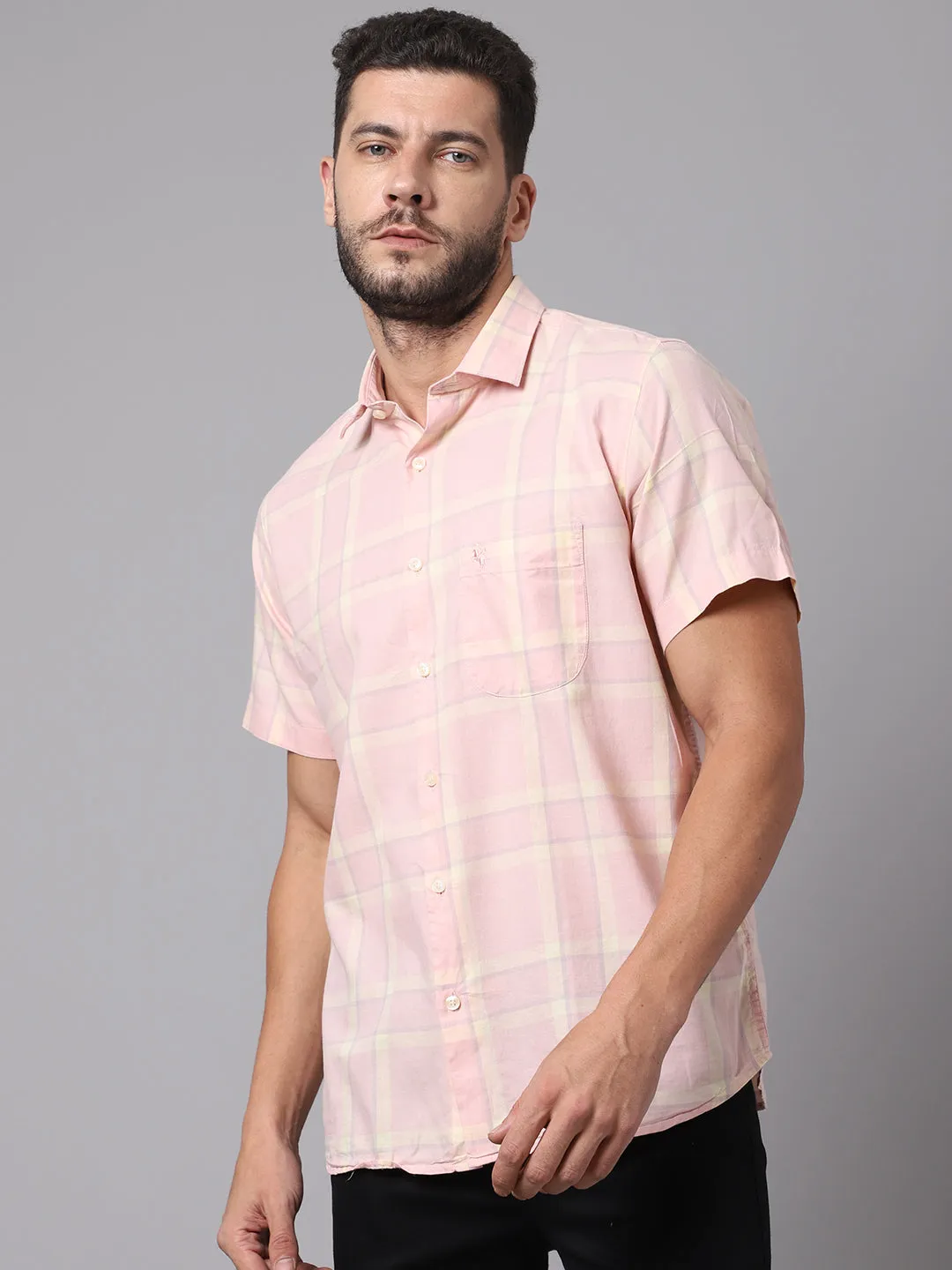Men's Light Pink Casual Big Checks Half Sleeve Shirt
