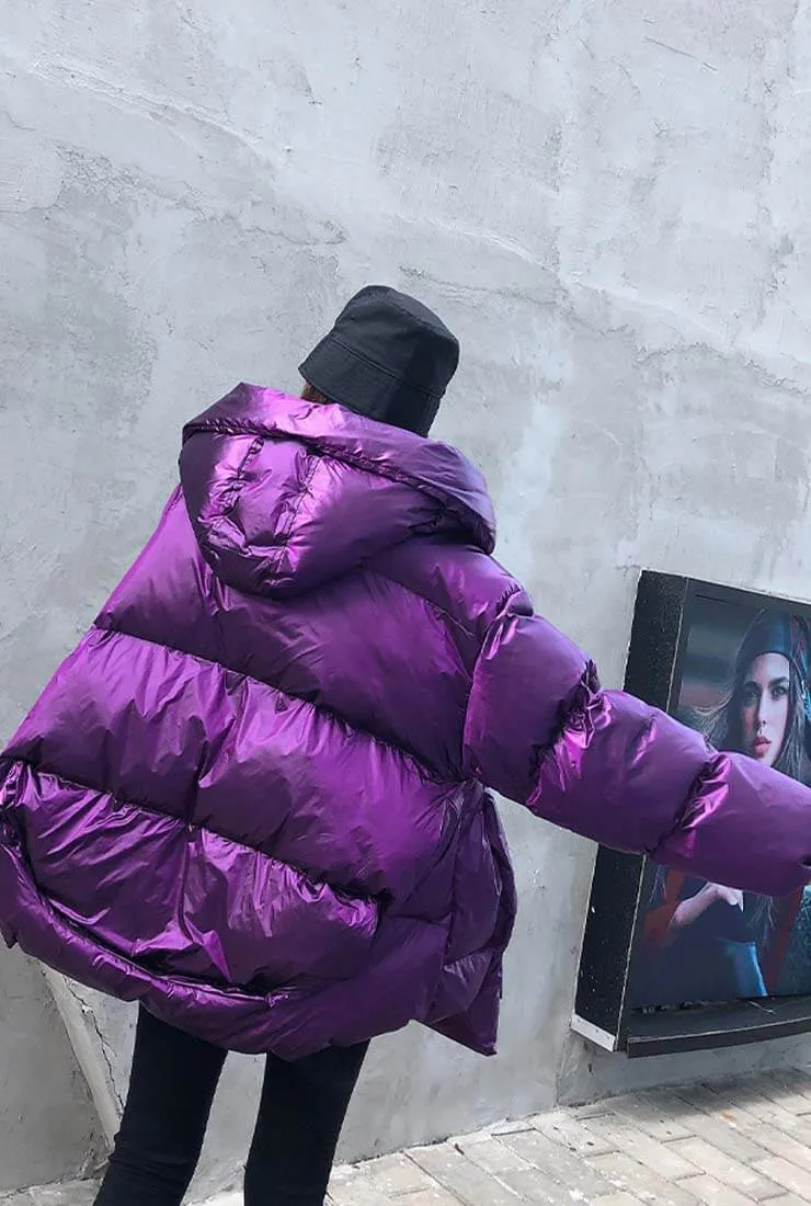 Metallic Loose Warm Bubble Puffer Hooded Jacket