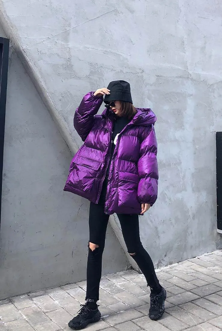 Metallic Loose Warm Bubble Puffer Hooded Jacket