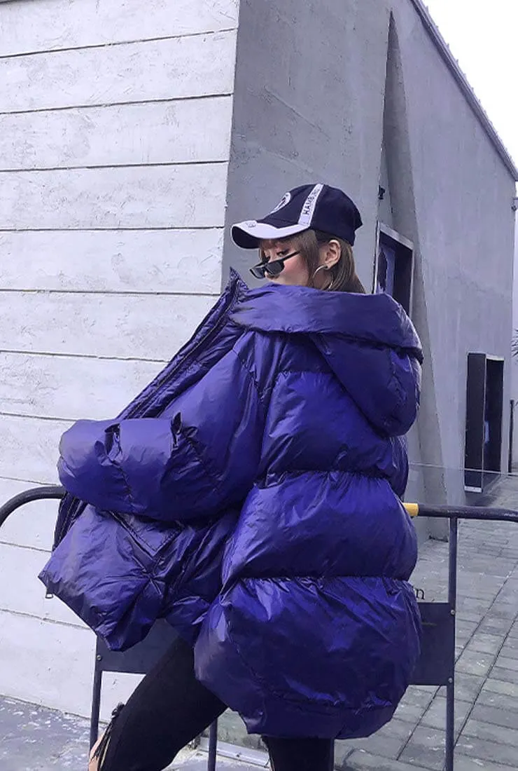 Metallic Loose Warm Bubble Puffer Hooded Jacket