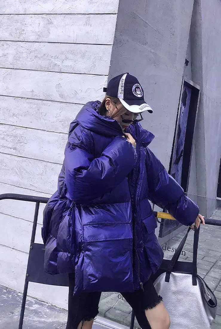 Metallic Loose Warm Bubble Puffer Hooded Jacket