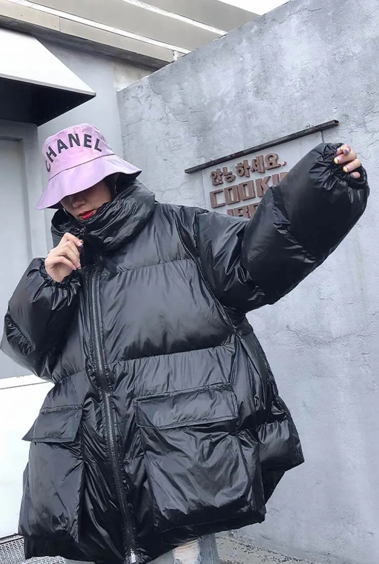 Metallic Loose Warm Bubble Puffer Hooded Jacket