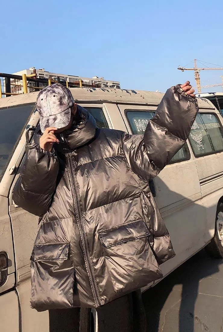 Metallic Loose Warm Bubble Puffer Hooded Jacket