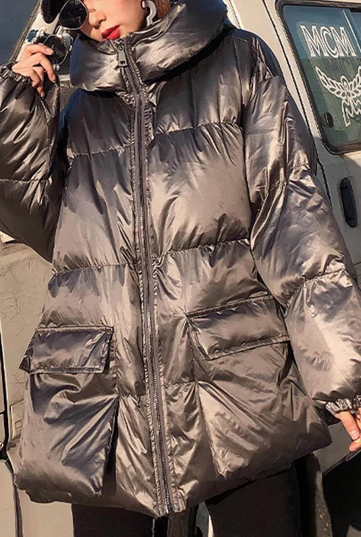Metallic Loose Warm Bubble Puffer Hooded Jacket