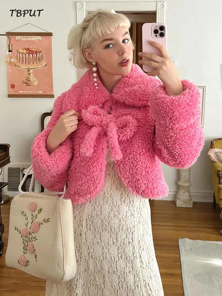 MQTIME -  Elegant Solid Bow Plush Jacket For Women Casual Lapel Long Sleeve Loose Warm Coat Female Winter Fashion Office Lady Overcoats