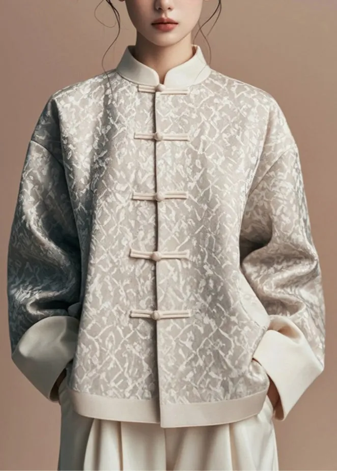 Natural Light Grey Stand Collar Print Coats Fall AG1047
