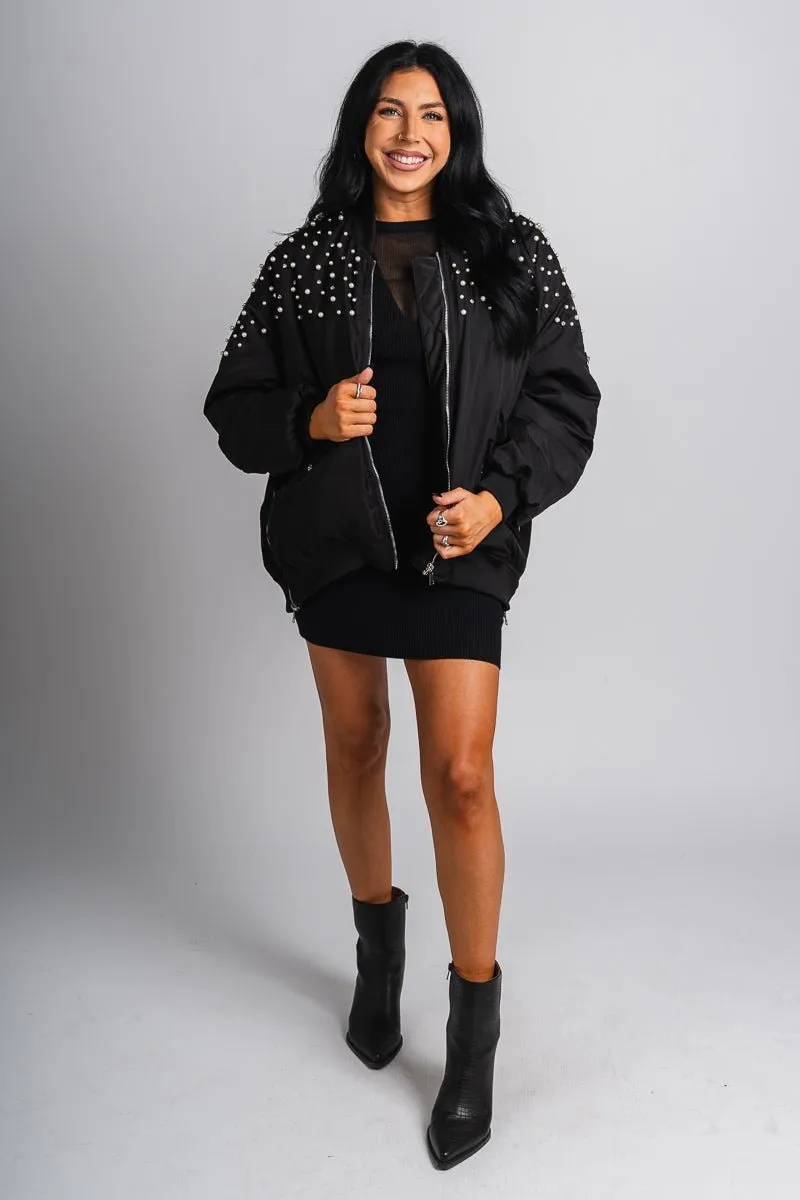 Pearl rhinestone bomber jacket black