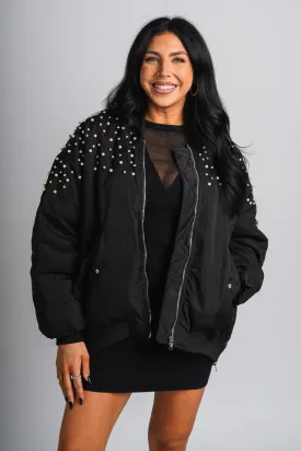 Pearl rhinestone bomber jacket black