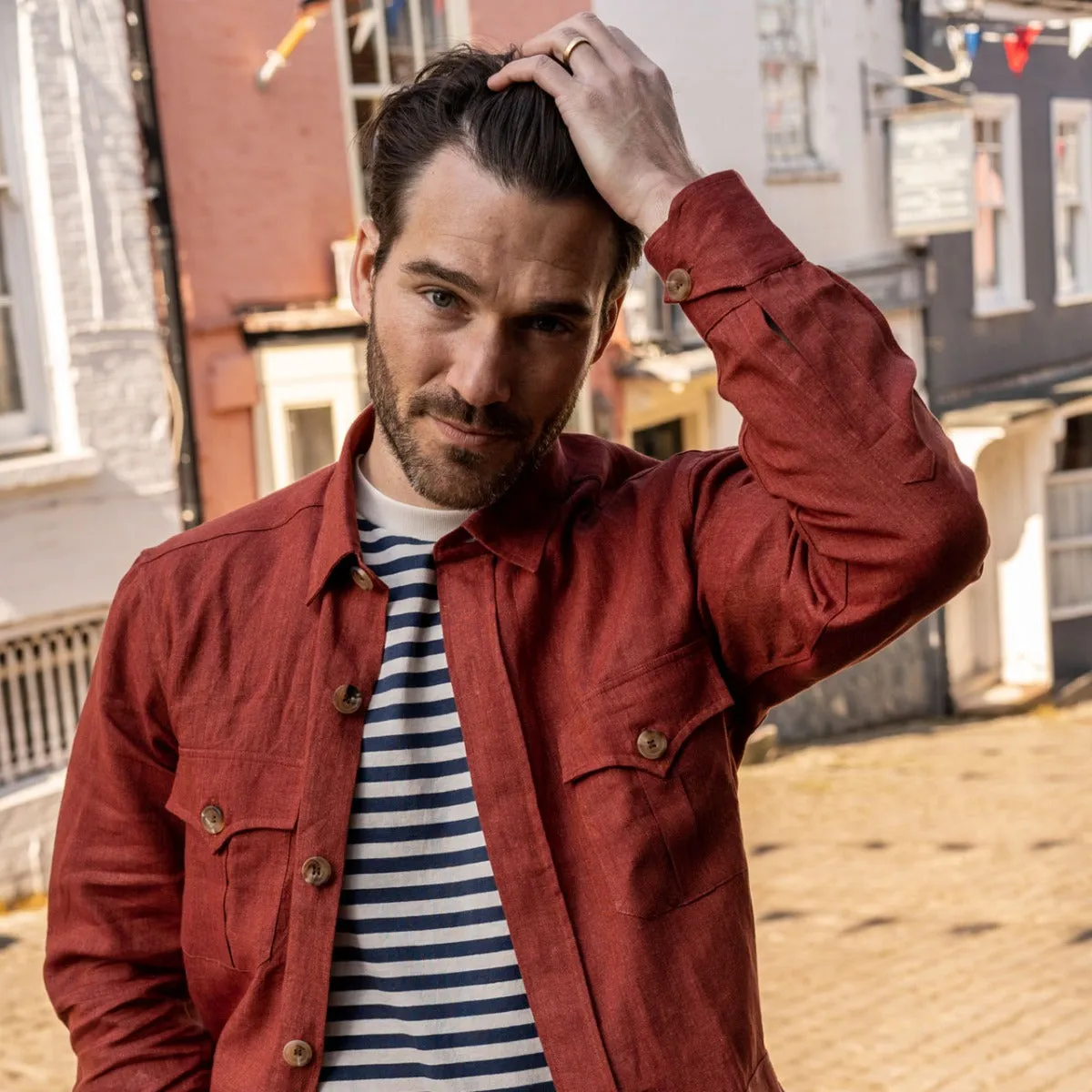 Plain Linen Button Cuff Safari Shirt in Terracotta Red