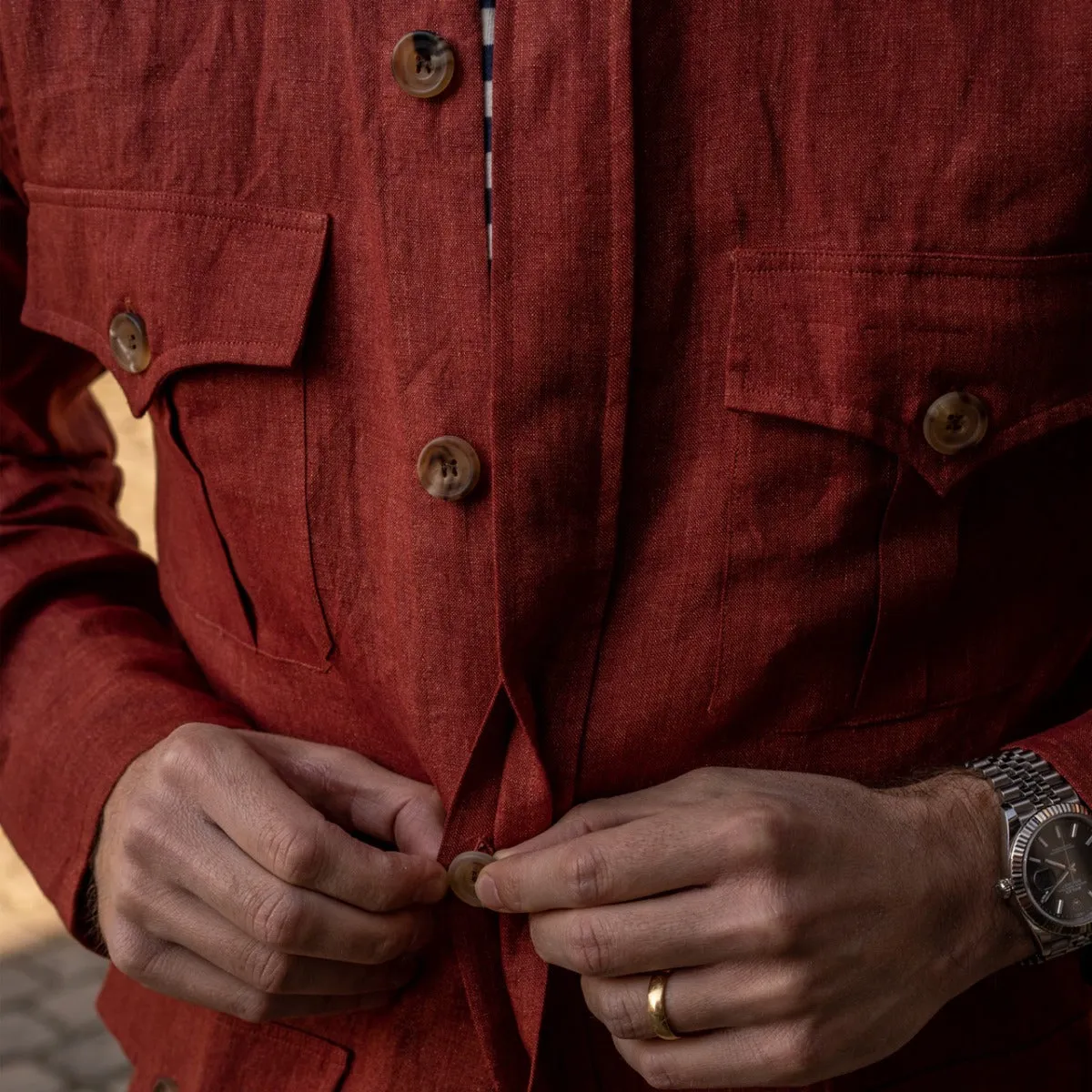 Plain Linen Button Cuff Safari Shirt in Terracotta Red