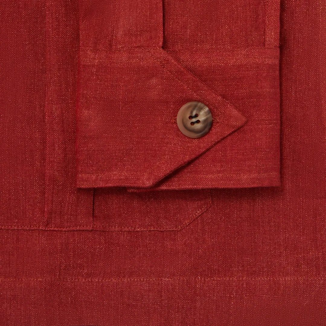 Plain Linen Button Cuff Safari Shirt in Terracotta Red