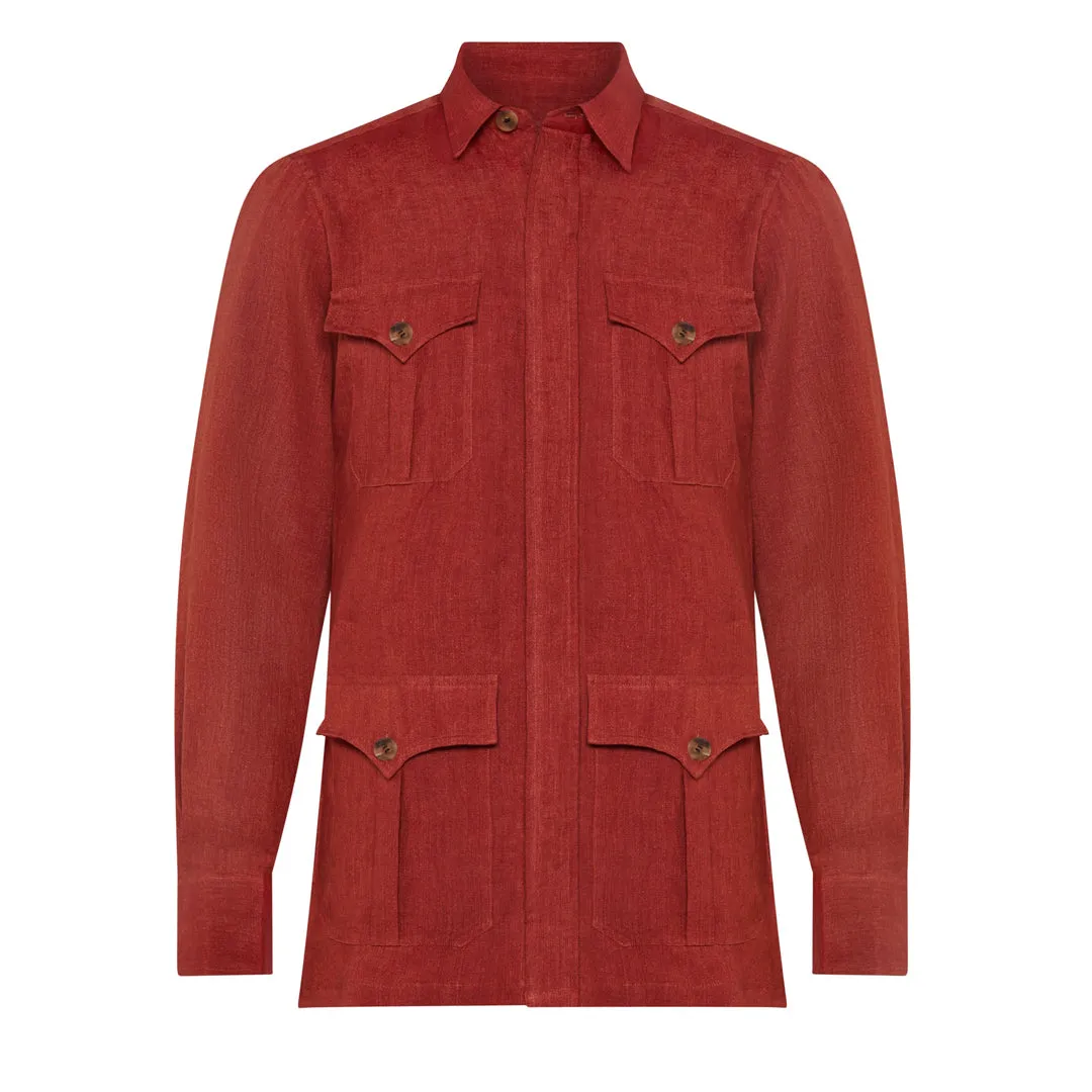 Plain Linen Button Cuff Safari Shirt in Terracotta Red