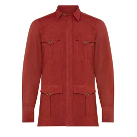 Plain Linen Button Cuff Safari Shirt in Terracotta Red