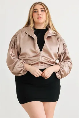 Plus Satin Zip-up Ruched Long Sleeve Cropped Bomber Jacket - Light Mocha