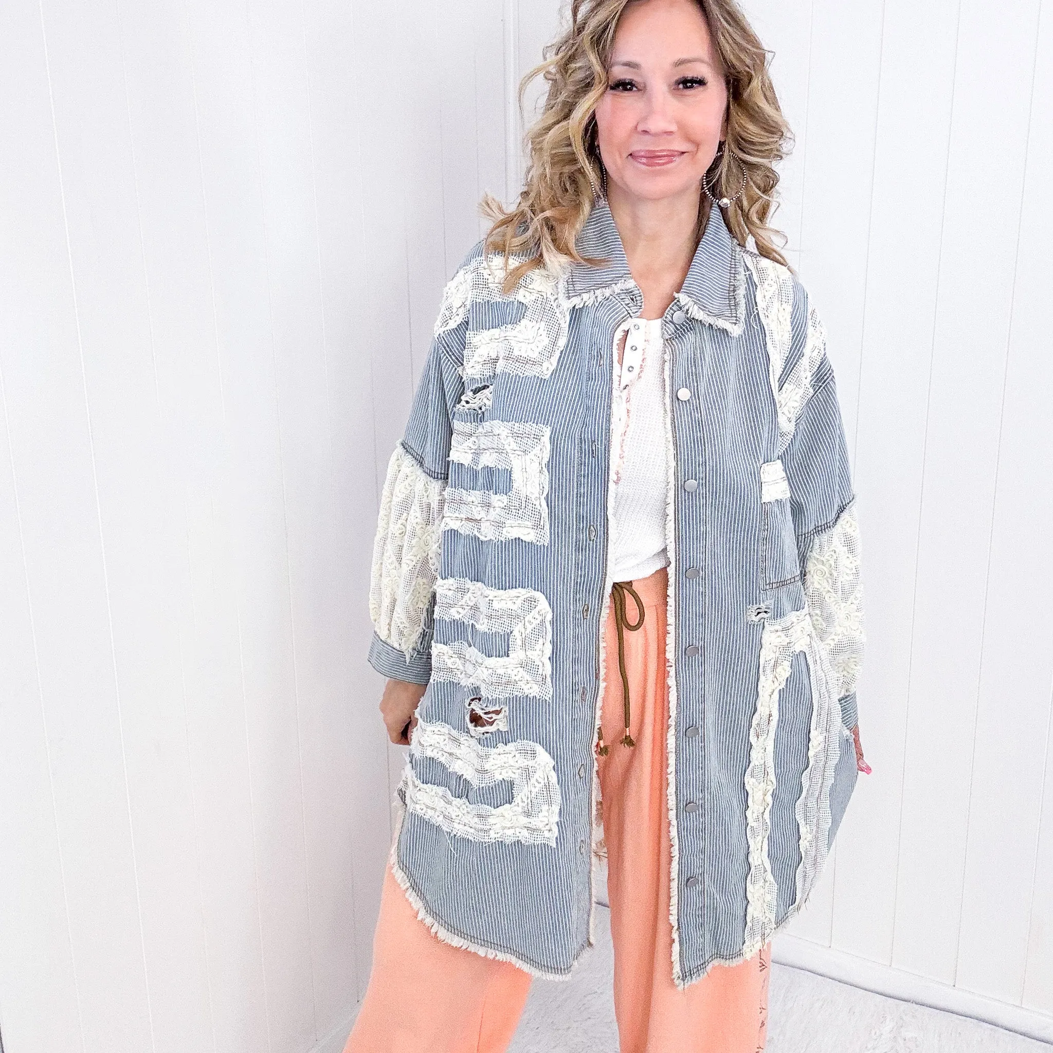 Pol Enchanting Longline Striped Denim and Lace Jacket