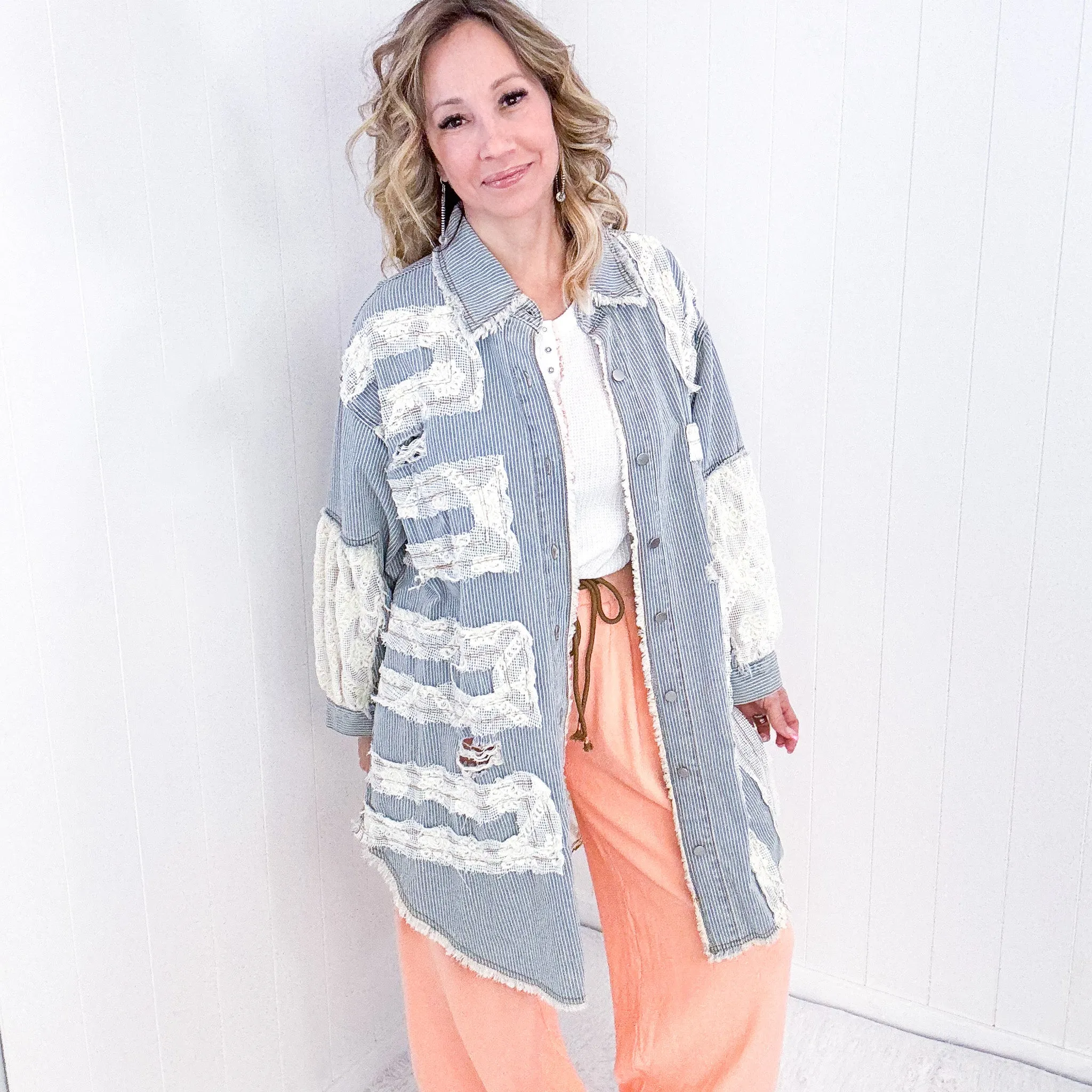 Pol Enchanting Longline Striped Denim and Lace Jacket