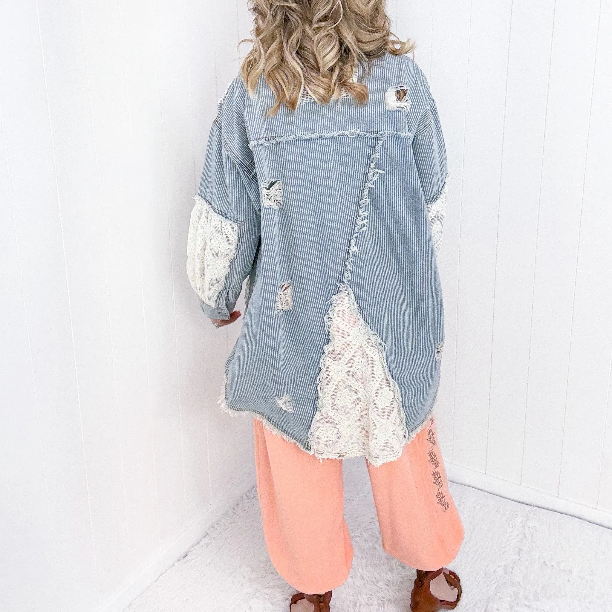 Pol Enchanting Longline Striped Denim and Lace Jacket