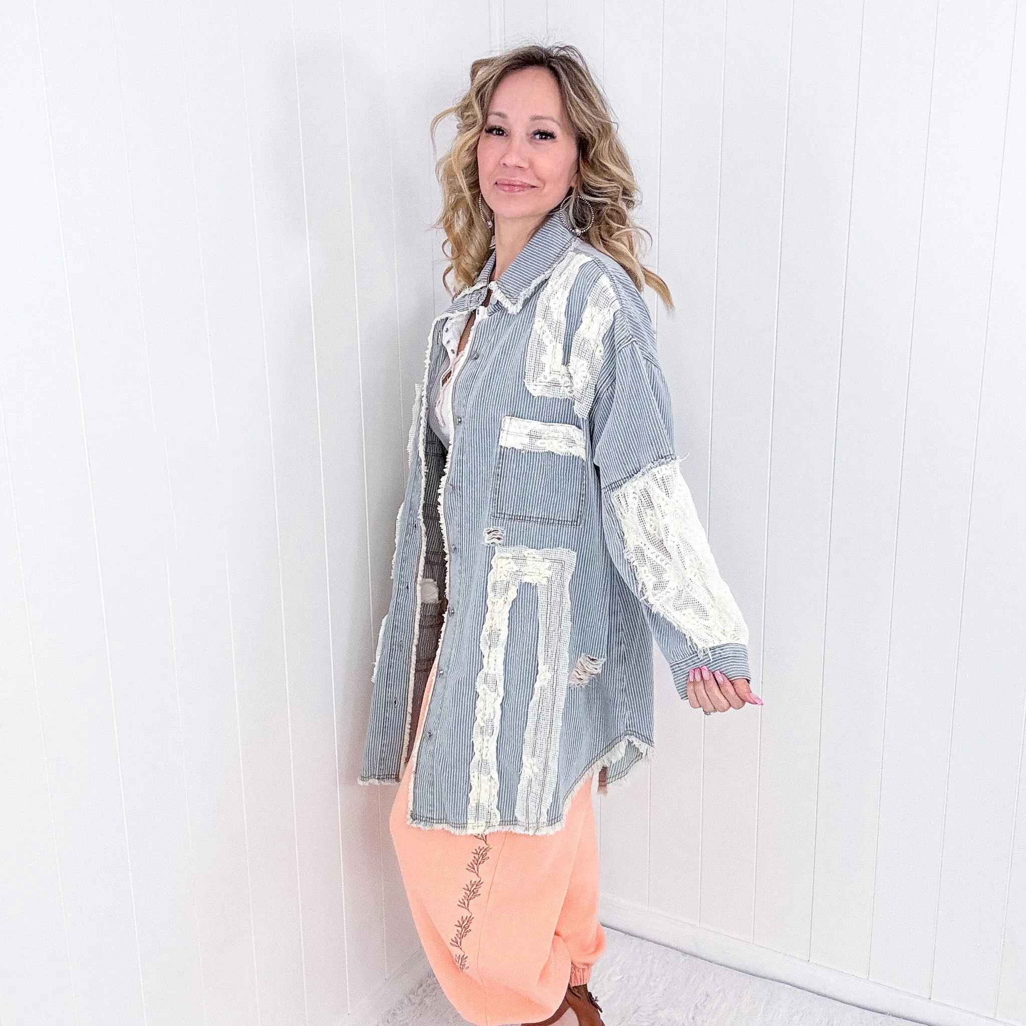 Pol Enchanting Longline Striped Denim and Lace Jacket