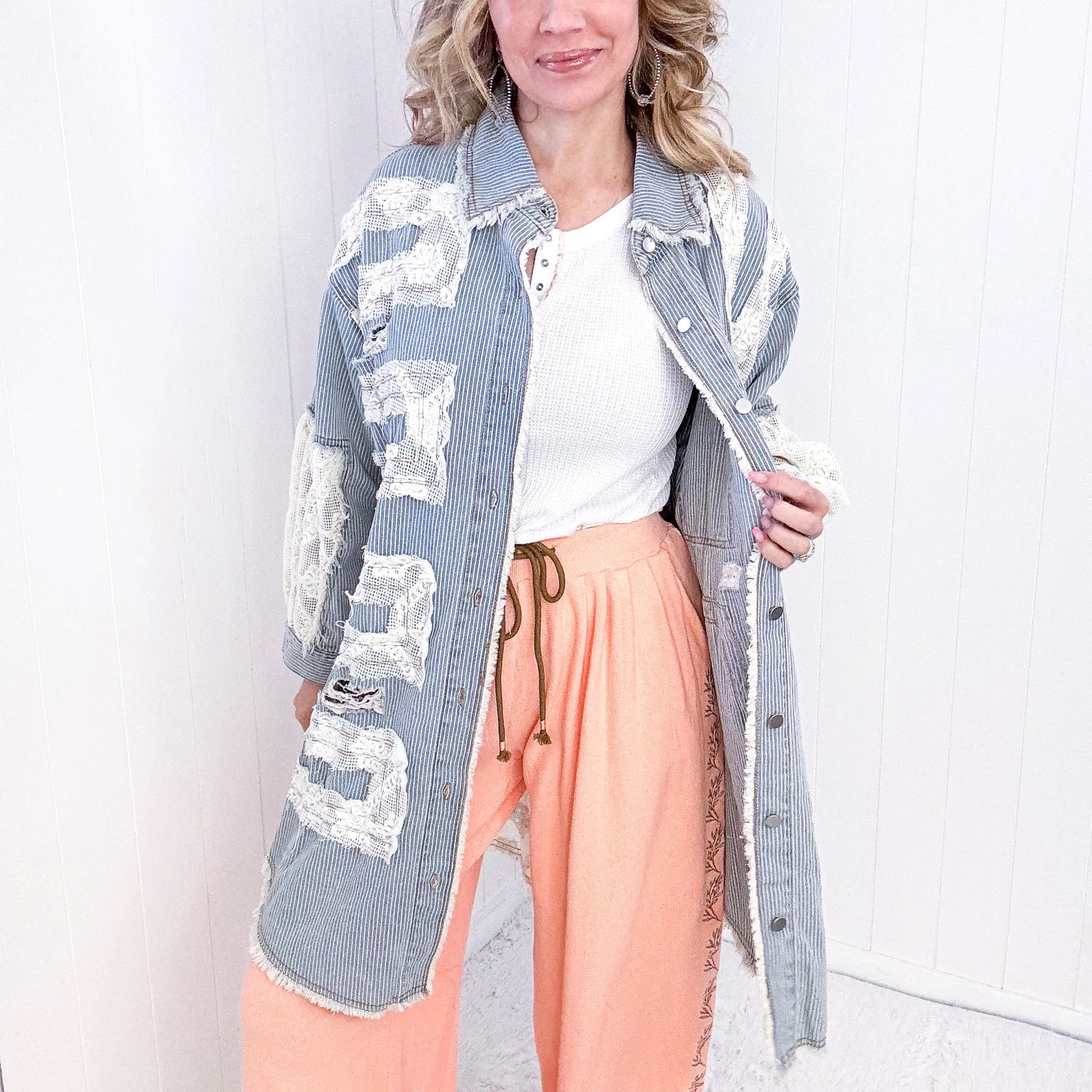 Pol Enchanting Longline Striped Denim and Lace Jacket