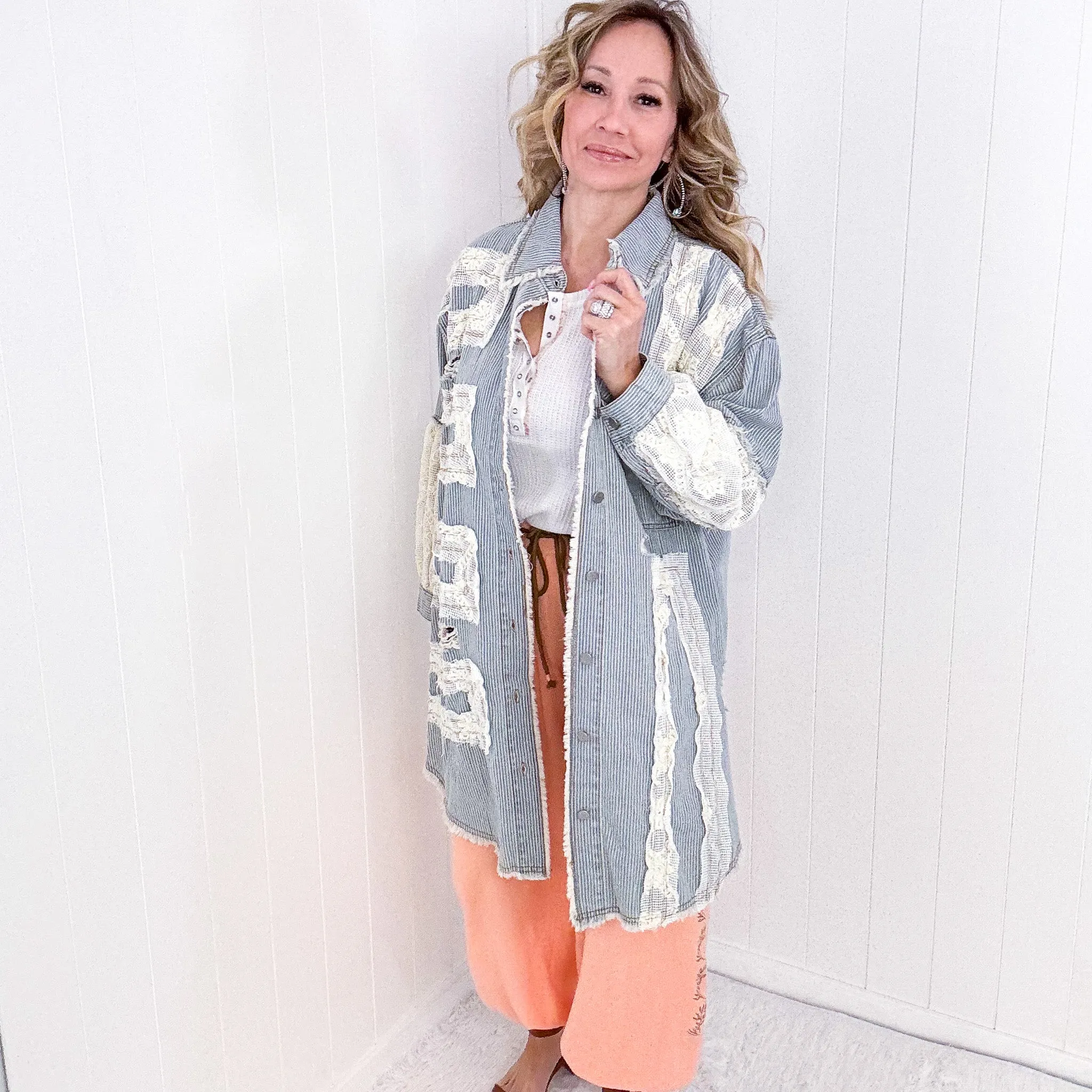 Pol Enchanting Longline Striped Denim and Lace Jacket