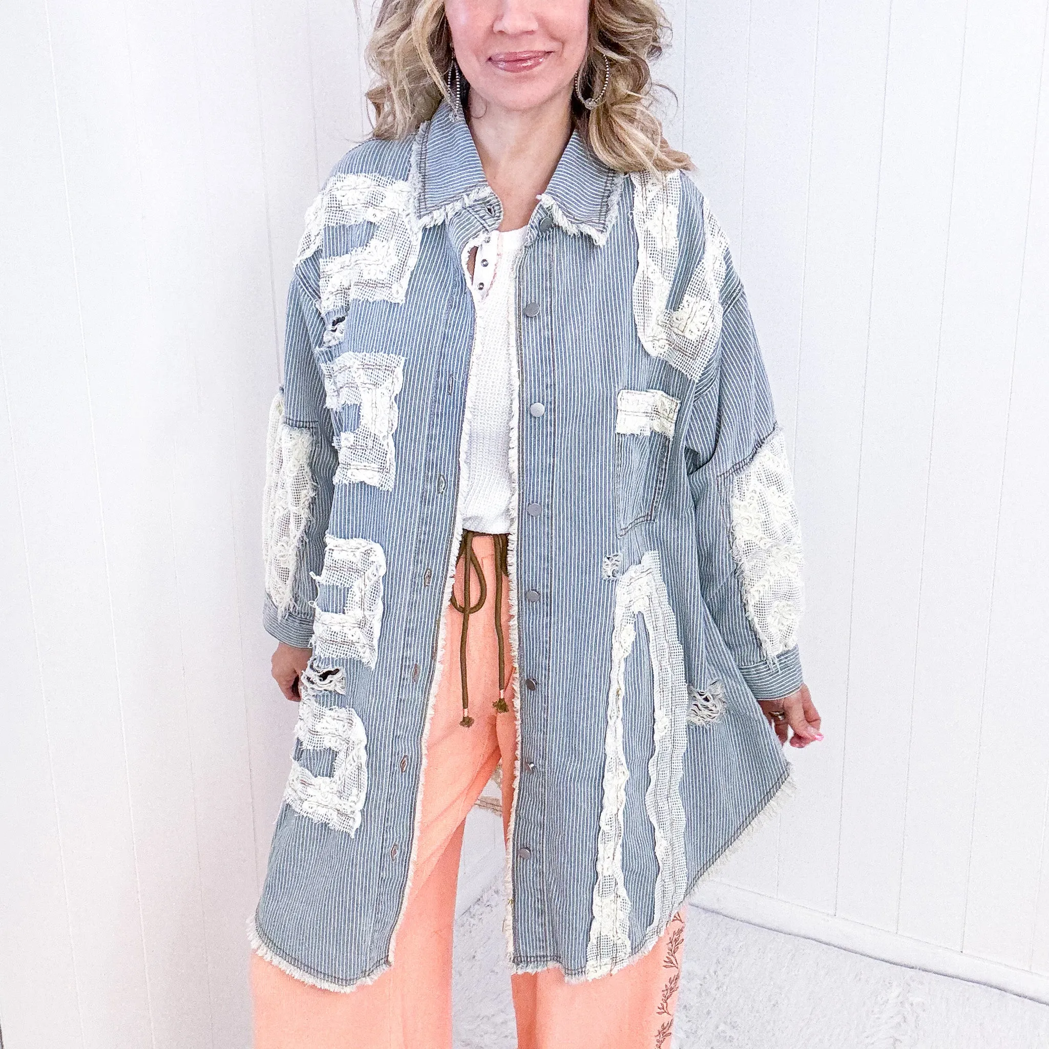 Pol Enchanting Longline Striped Denim and Lace Jacket